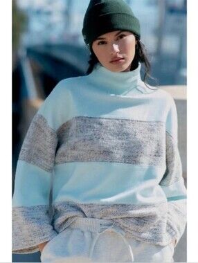 Anthropologie Daily Practice Oversized Colorblock Turtleneck Sweater Blue Grey S